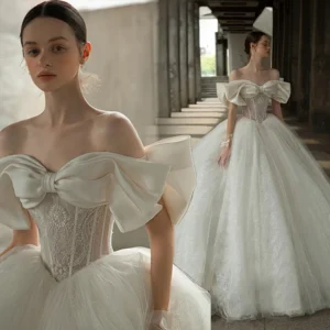 Off-Shoulder Pearl Beaded Tulle Ball Gown Bridal Dress