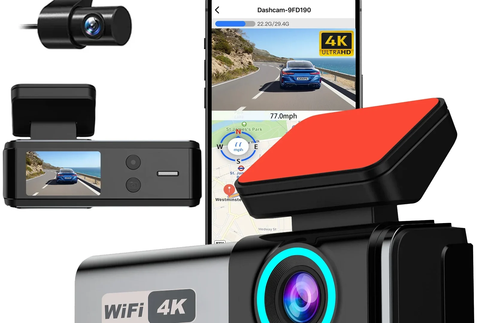 4K Dash Cam: Front & Rear. Ultra HD. WiFi. Night Vision.