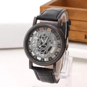 Men's Skeleton Quartz Watch with Leather Strap