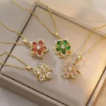 Rotating Zircon Flower Pendant Gold Plated Necklace
