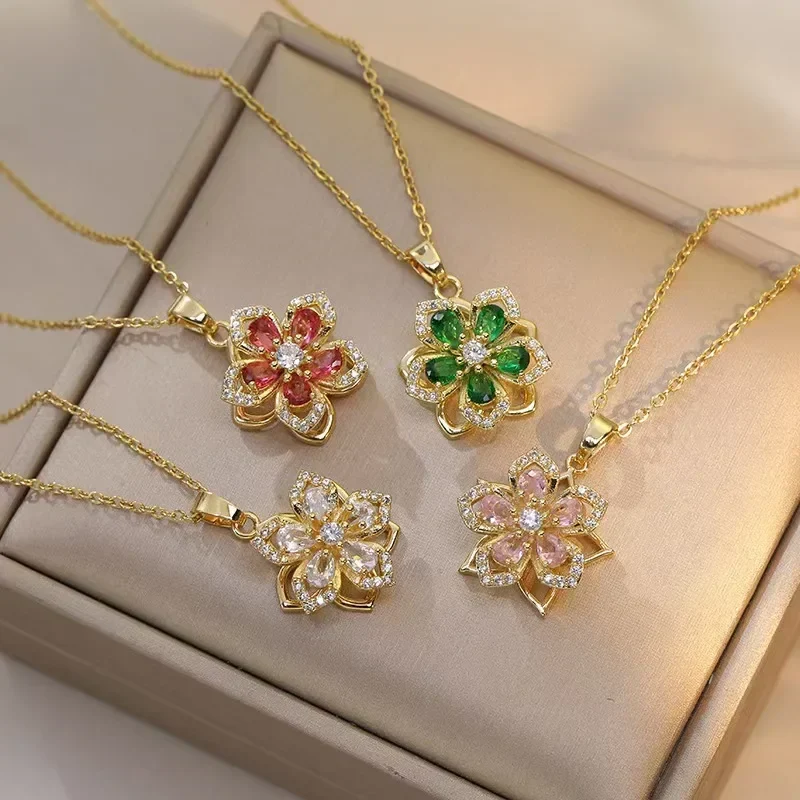 Rotating Zircon Flower Pendant Gold Plated Necklace